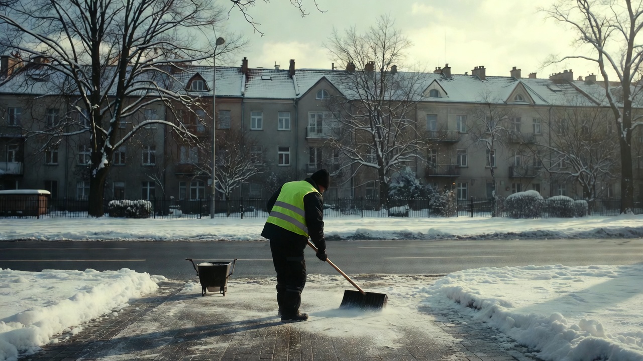 Odśnieżany chodnik w Warszawie podczas zimowych opadów śniegu