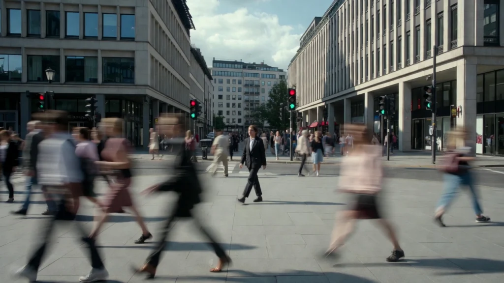 Człowiek idący spokojnie w tłumie ludzi w centrum dużego miasta