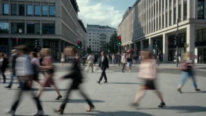 Człowiek idący spokojnie w tłumie ludzi w centrum dużego miasta