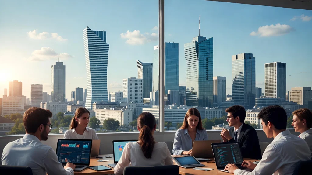 Warszawskie start-upy z branż fintech, e-commerce i nowych technologii na tle centrum miasta